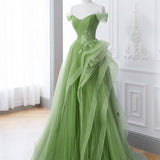 Saflor | Green A-Line Off Shoulder Long Prom Dress Lace Long Evening Dress