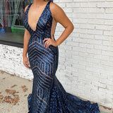 Nina |Mermaid Deep V Neck Sequins Prom Dress