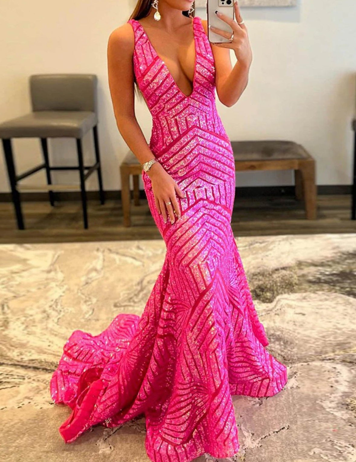 Nina |Deep V Neck Pink Sequins Mermaid Long Prom Dress