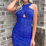 Melany | Glitter Turquoise Halter Backless Sequins Tight Homecoming Dress