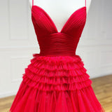 Tulle Deep V Neck Spaghetti Straps Long Prom Dress