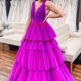 Giana |A-Line V Neck Tiered Tulle Prom Dress