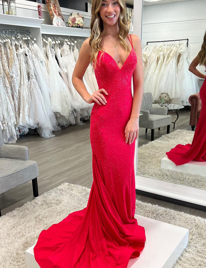 Lilly |Sparkly Mermaid V Neck Beaded Satin Long Prom Dress