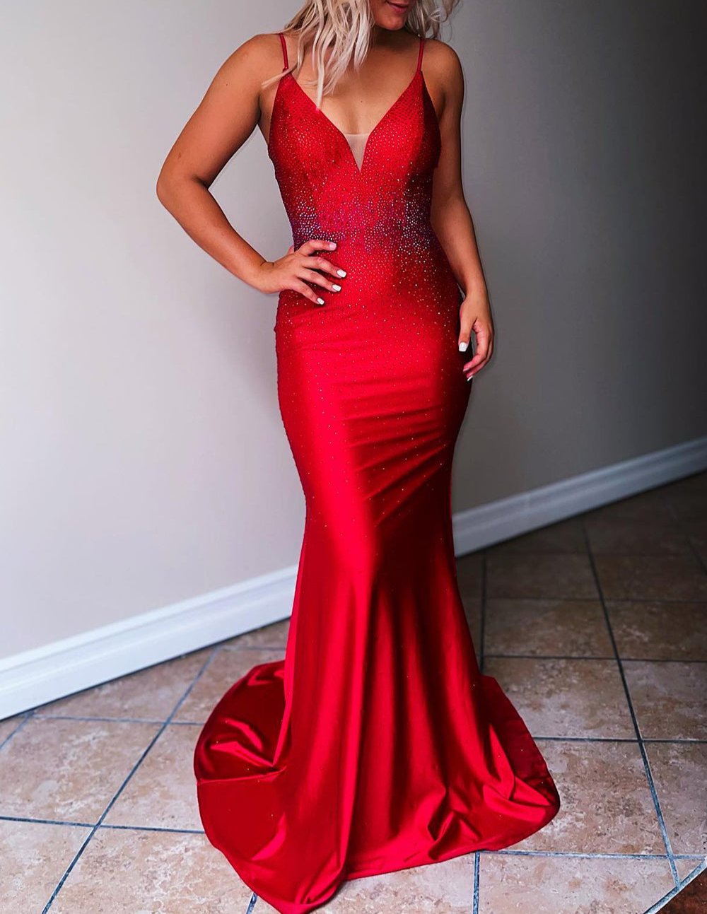 Deborah |Mermaid Spaghetti Straps Beaded Satin Prom Dress