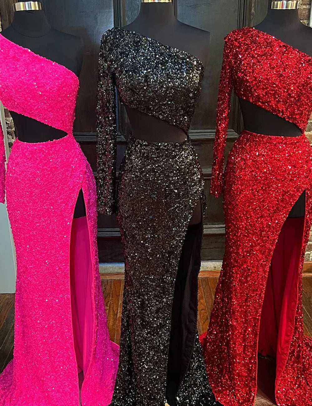 Sheath One Shoulder Red Sequins Long Prom Dress with Silt