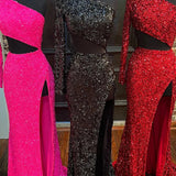 Sheath One Shoulder Red Sequins Long Prom Dress with Silt