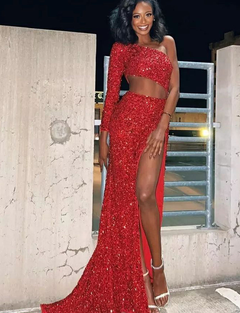 Sheath One Shoulder Red Sequins Long Prom Dress with Silt