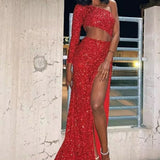 Sheath One Shoulder Red Sequins Long Prom Dress with Silt