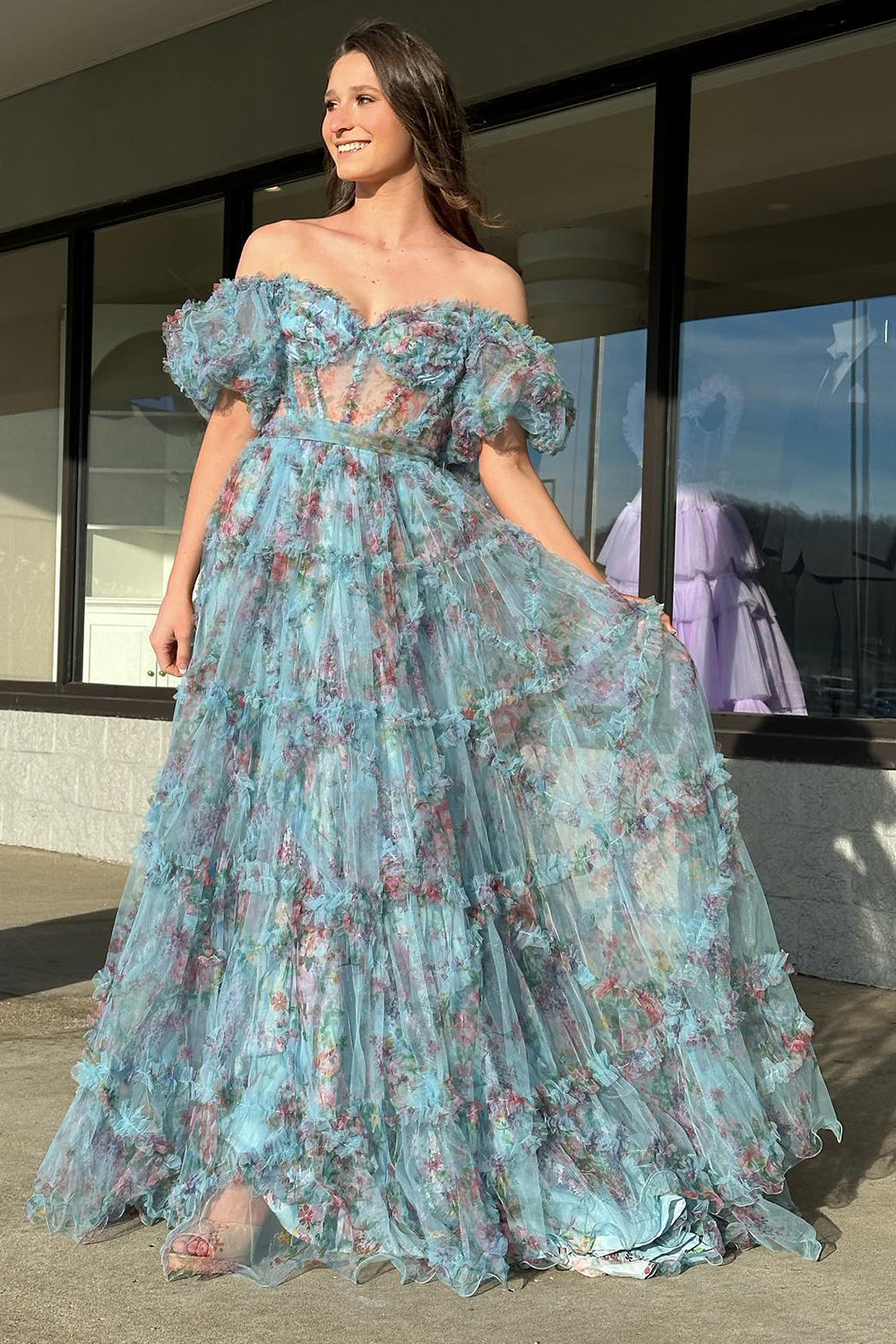 Sydney |A Line Sweetheart Printed Tulle Long Prom Dress