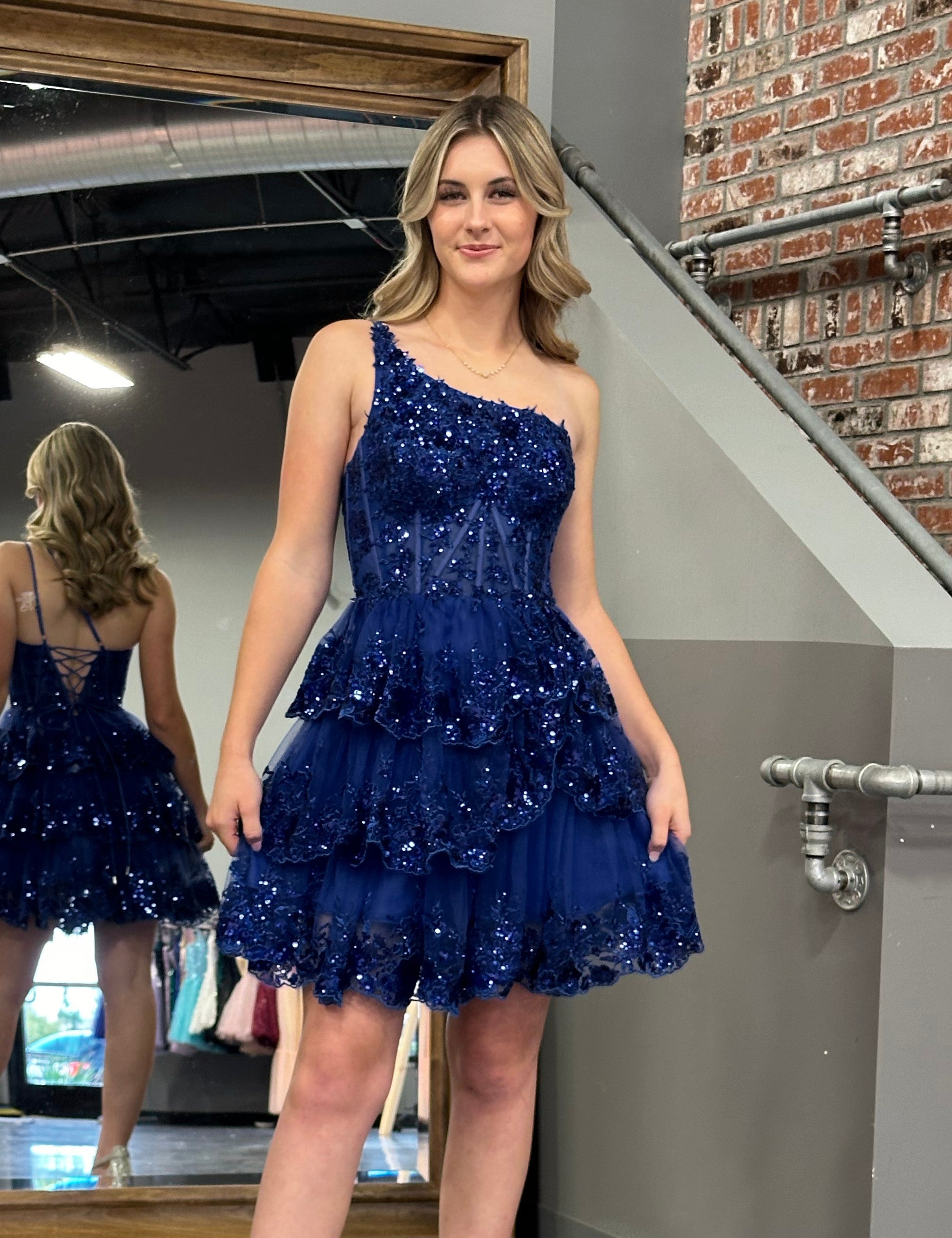 Emma | A Line One Shoulder Navy Tiered Lace Short Homecoming Dress