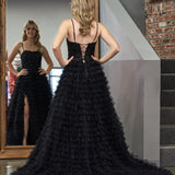 Jordan | Black A-Line Tiered Sequins Tulle Long Prom Dress