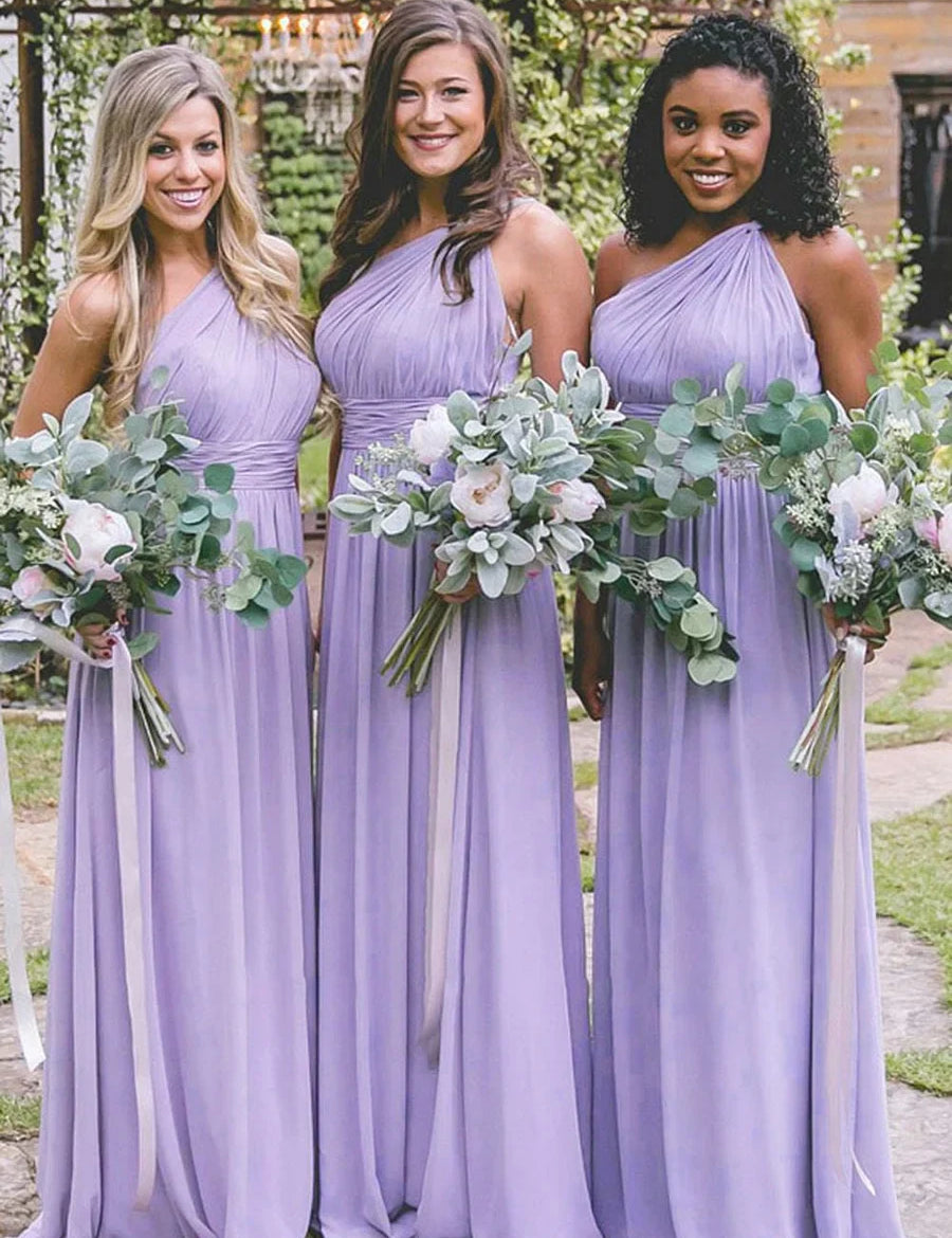 Dusty Blue One Shoulder Chiffon Long Boho Pleated Bridesmaid Dress