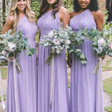 Dusty Blue One Shoulder Chiffon Long Boho Pleated Bridesmaid Dress