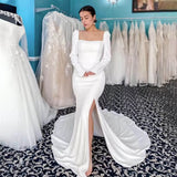 Mermaid High Side Split Backless Long Sleeves Square Neck Satin Wedding Dresses