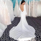 Mermaid High Side Split Backless Long Sleeves Square Neck Satin Wedding Dresses