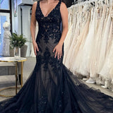 Chana | Black Tulle Appliques V-Neck Trumpet Long Wedding Dress