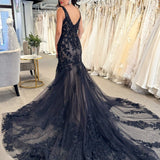 Chana | Black Tulle Appliques V-Neck Trumpet Long Wedding Dress