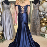 Gwen | Navy Blue Appliques Off-the-Shoulder Long Prom Dress with Slit