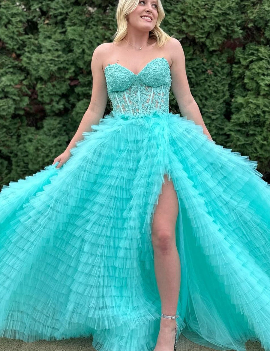 Addilyn |A-line Strapless Multi-Layers Tulle Prom Dress with Slit