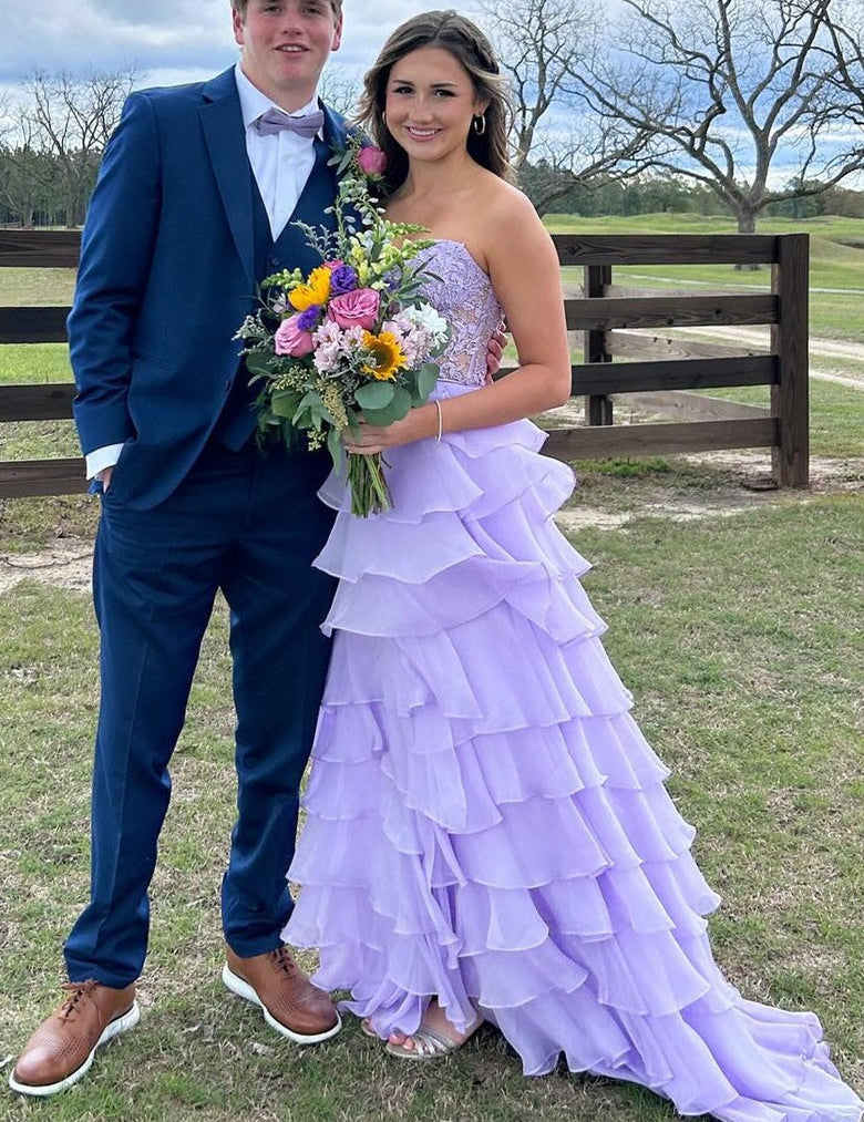 Alondra | Royal Blue Chiffon Sweetheart Ruffle Tiered Long Prom Dress