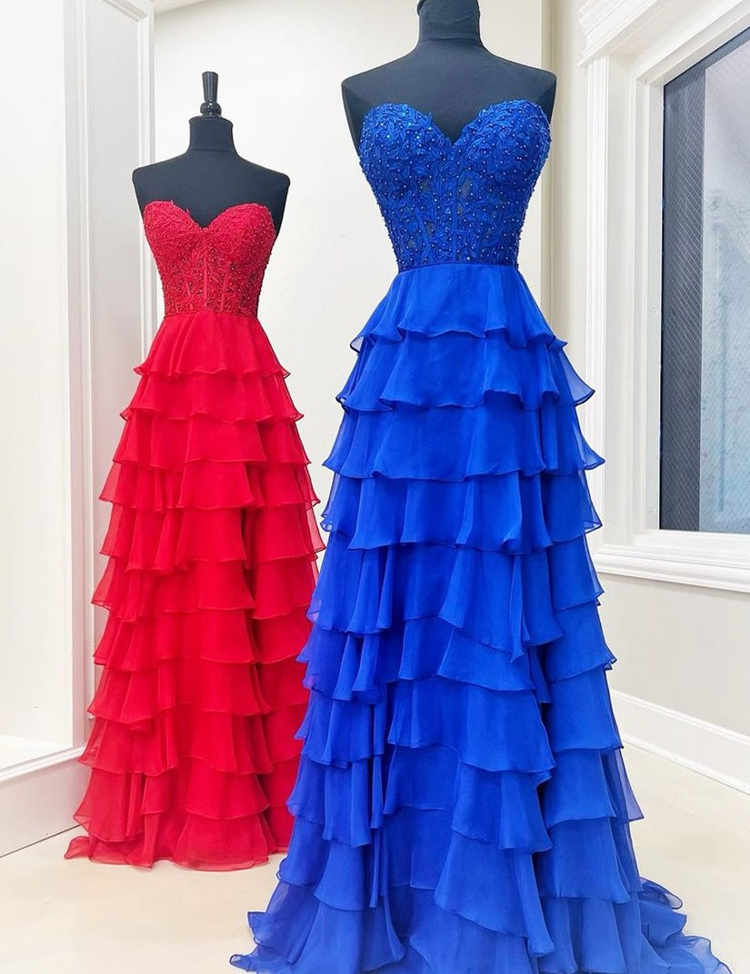 Alondra | Royal Blue Chiffon Sweetheart Ruffle Tiered Long Prom Dress