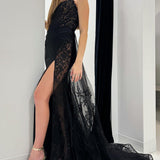 Giuliana | Black Lace Strapless Long Formal Dress with Attached Train