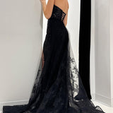 Giuliana | Black Lace Strapless Long Formal Dress with Attached Train