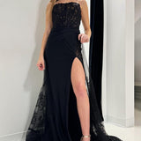 Giuliana | Black Lace Strapless Long Formal Dress with Attached Train