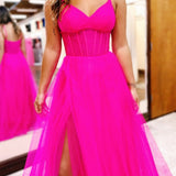 Galilea | Fuchsia V-Neck Sheer Bodice A-Line Long Prom Dress with Slit