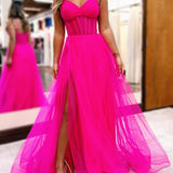 Galilea | Fuchsia V-Neck Sheer Bodice A-Line Long Prom Dress with Slit