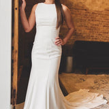 White Satin Bateau Open Back Mermaid  Long Wedding Dress