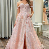 Sally | Pink Appliques Off-the-Shoulder A-Line Long Prom Dress