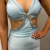 Meredith | Light Blue V-Neck Cutout Rhinestone Mermaid Long Formal Dress