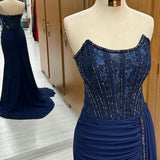 Maliyah | Navy Lace Beaded Strapless Long Formal Dress with Attached Train