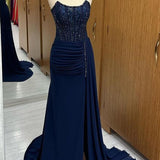 Maliyah | Navy Lace Beaded Strapless Long Formal Dress with Attached Train