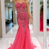 Oakleigh | Pink Beaded Spaghetti Strap Trumpet Long Gown