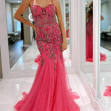 Oakleigh | Pink Beaded Spaghetti Strap Trumpet Long Gown