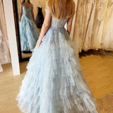 Oaklyn | Light Blue Appliques Off-the-Shoulder Ruffle Tiered Long Prom Dress