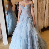 Oaklyn | Light Blue Appliques Off-the-Shoulder Ruffle Tiered Long Prom Dress