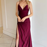 Rochelle | Burgundy V-Neck Lace-Up Long Formal Dress with Slit