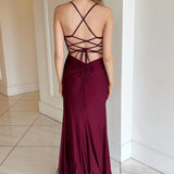 Rochelle | Burgundy V-Neck Lace-Up Long Formal Dress with Slit