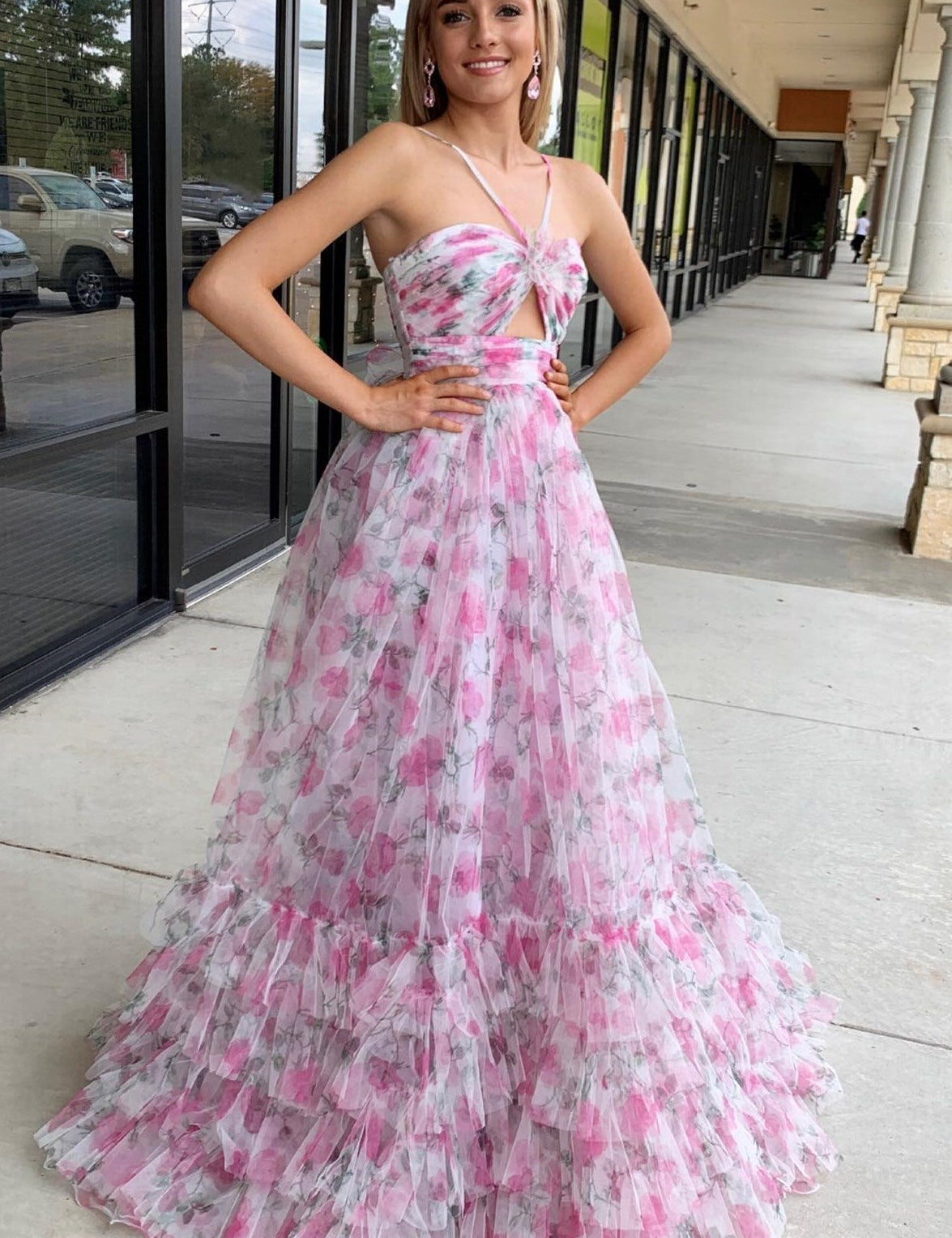 Rita | Pink Print Halter Keyhole A-Line Long Prom Dress