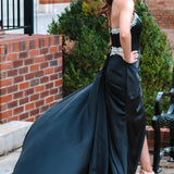 Markie | Black Rhinestone V-Neck Long Formal Dress with Attached Train