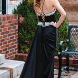 Markie | Black Rhinestone V-Neck Long Formal Dress with Attached Train