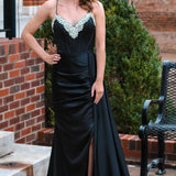 Markie | Black Rhinestone V-Neck Long Formal Dress with Attached Train