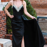 Markie | Black Rhinestone V-Neck Long Formal Dress with Attached Train