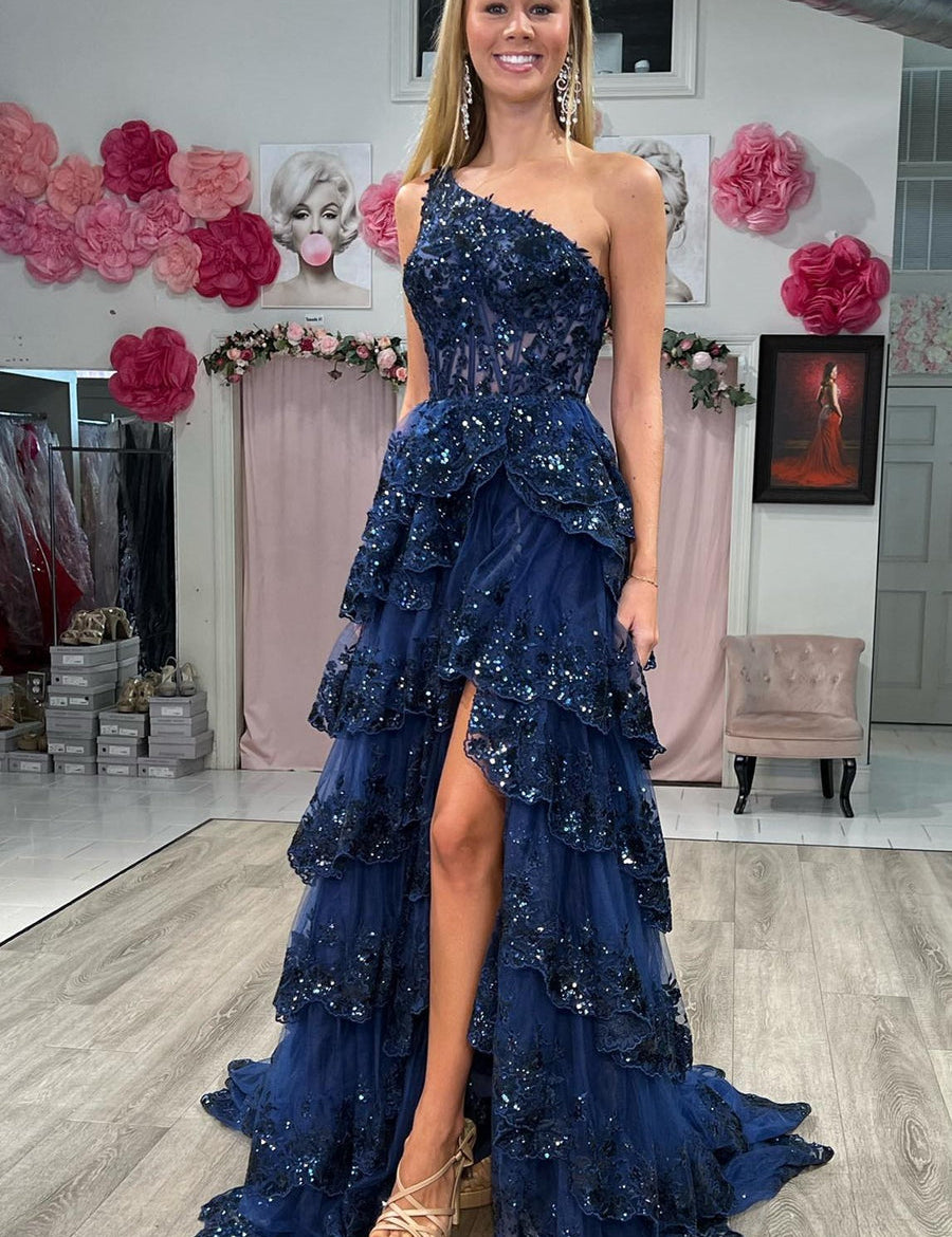 Livia |Sheath One Shoulder Tiered Lace Long Prom Dress