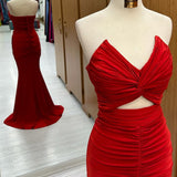 Monique | Red Strapless Twisted Knot Mermaid Long Formal Dress with Slit