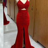 Monique | Red Strapless Twisted Knot Mermaid Long Formal Dress with Slit