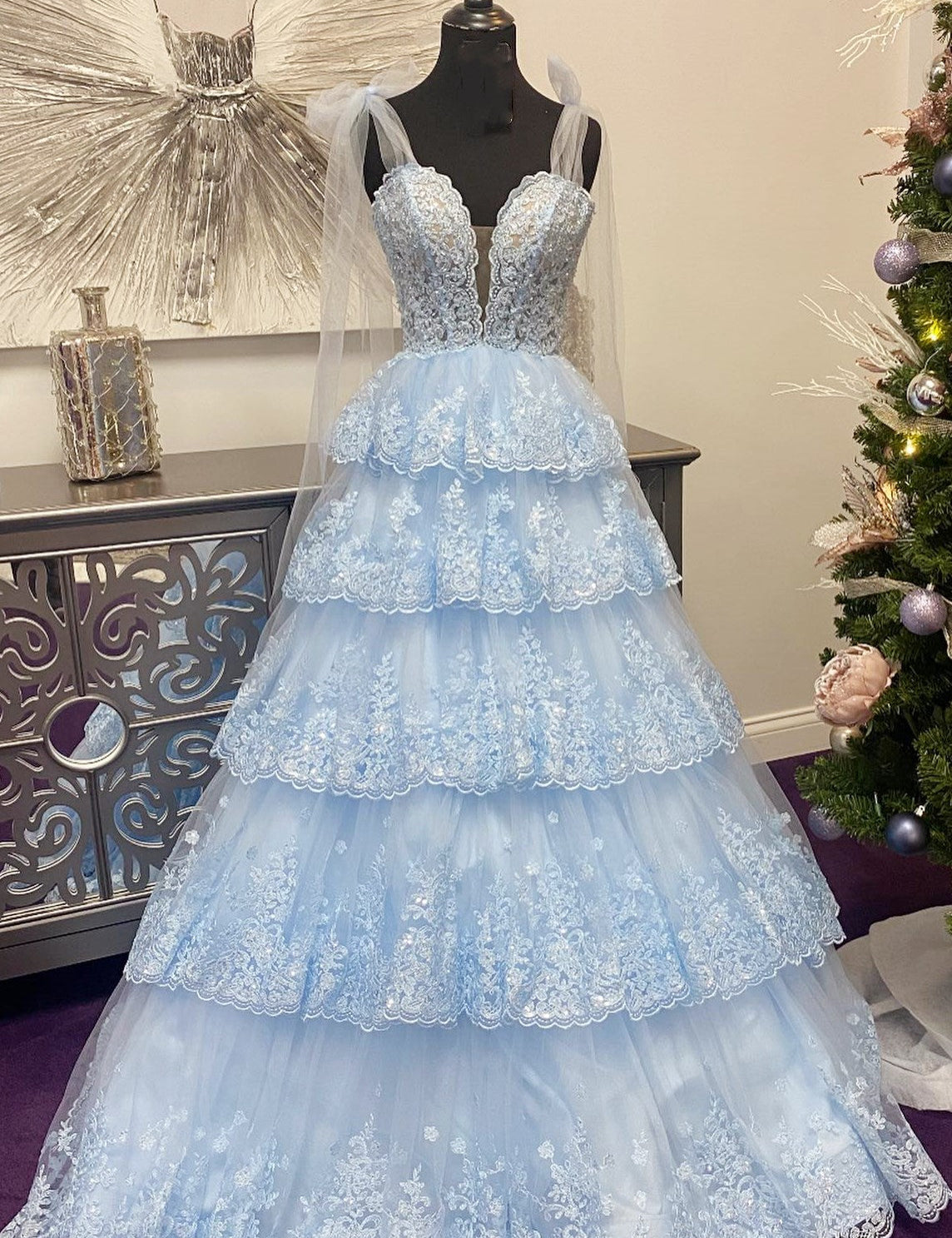 Thelma | Light Blue Tulle Appliques Tying Strap Ruffle Tiered Long Prom Dress